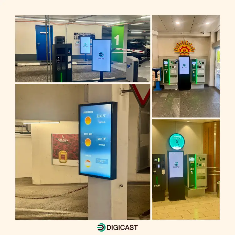 Montage photos de 4 vues montrant 5 écrans DIGICAST installés chez PMS
